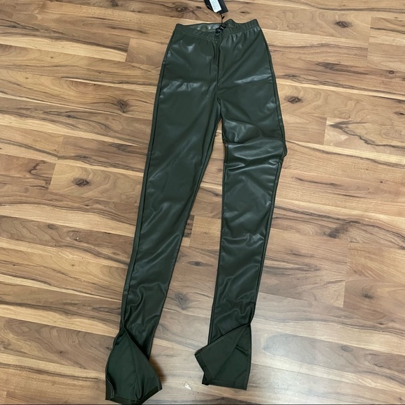 Prettylittlething Faux Leather Pants with Side slits in Green - Picture 1 of 3